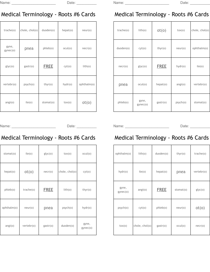 Medical Terminology - Roots #6 Cards Bingo Cards