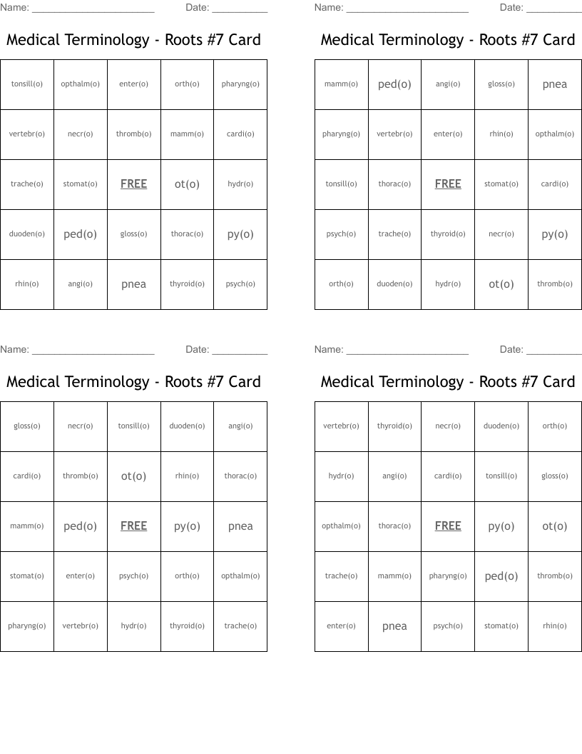 Medical Terminology - Roots #7 Card Bingo Cards