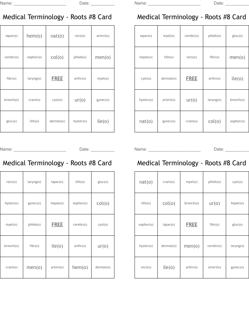 Medical Terminology - Roots #8 Card Bingo Cards