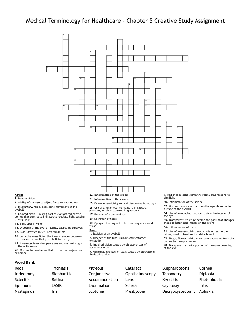 Medical Terminology for Healthcare - Chapter 5 Creative Study Assignment Crossword