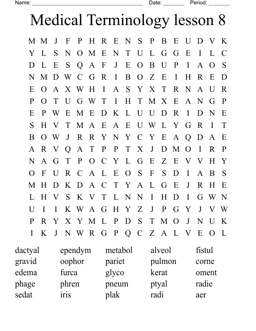 Medical Terminology lesson 8 Word Search