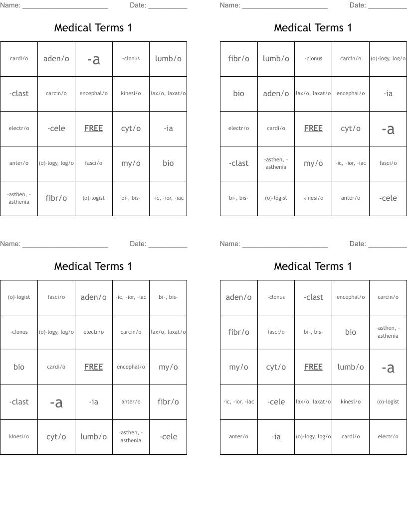 Medical Terms 1 Bingo Cards