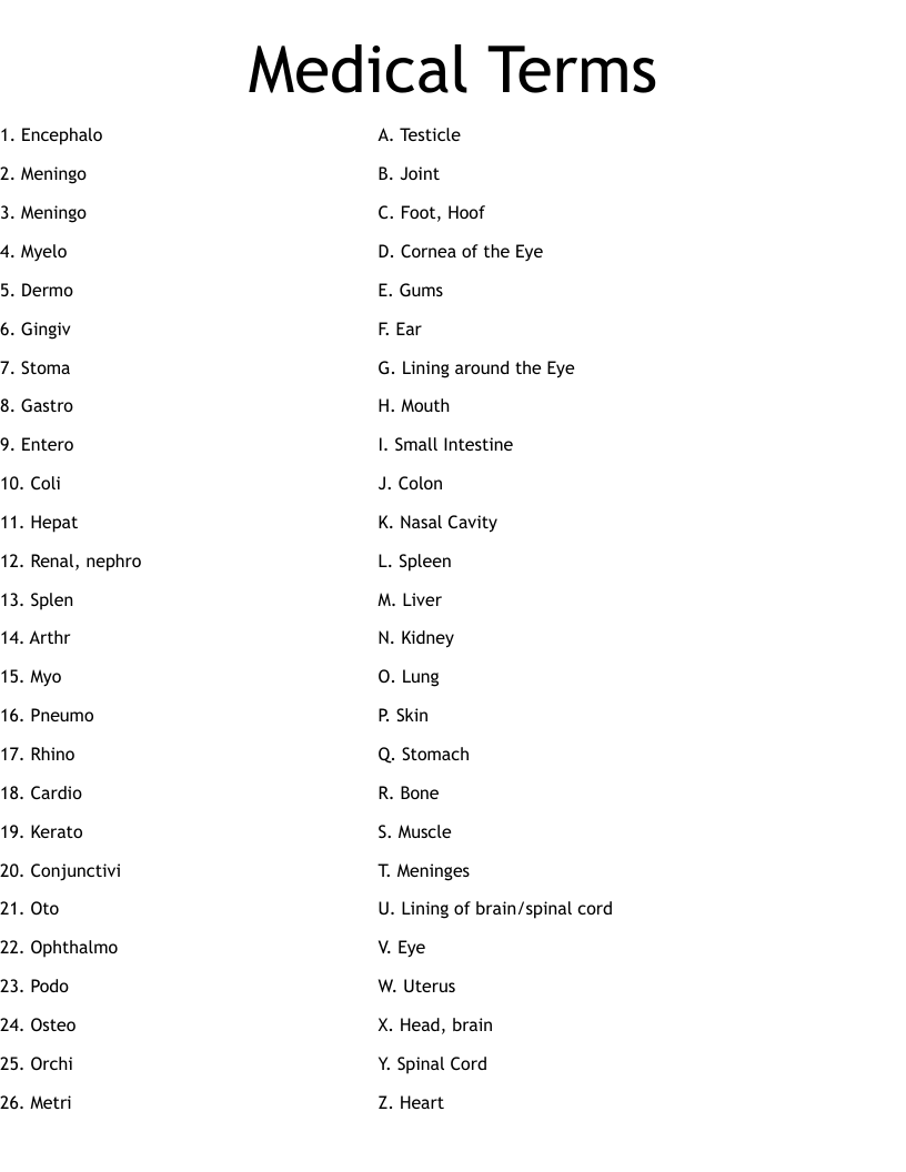 Medical Terms Worksheet
