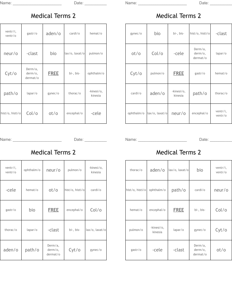 Medical Terms 2  Bingo Cards