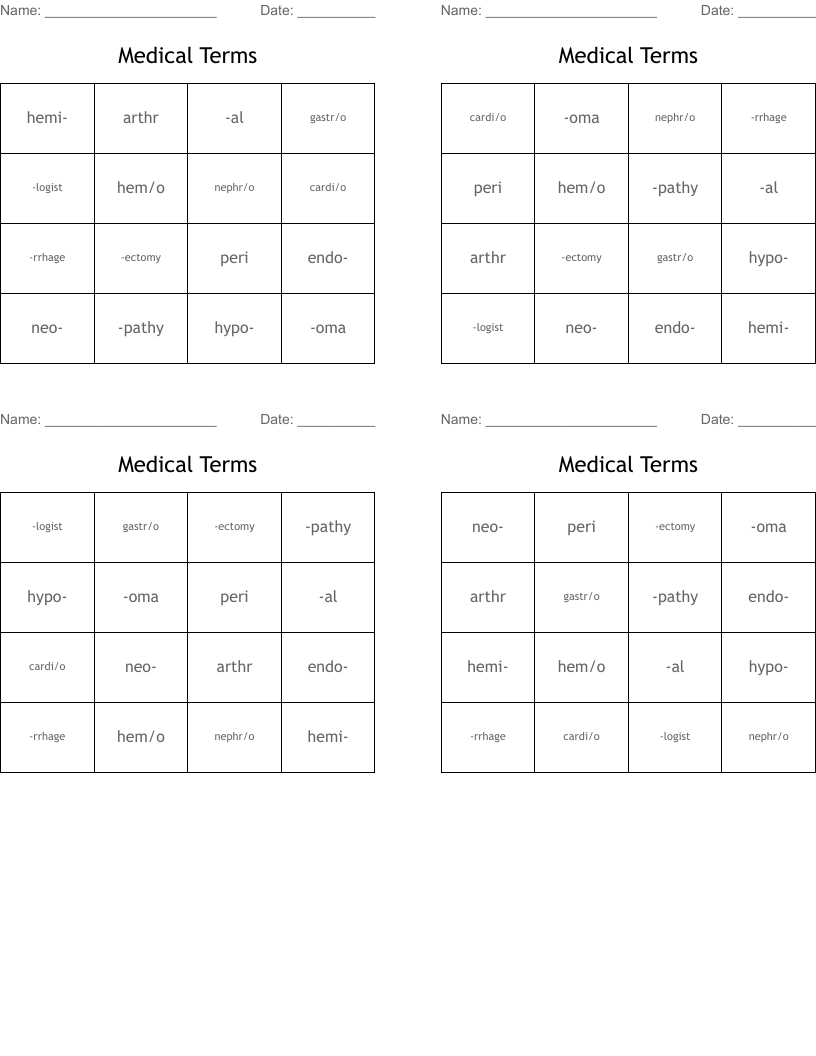 Medical Terms Bingo Cards