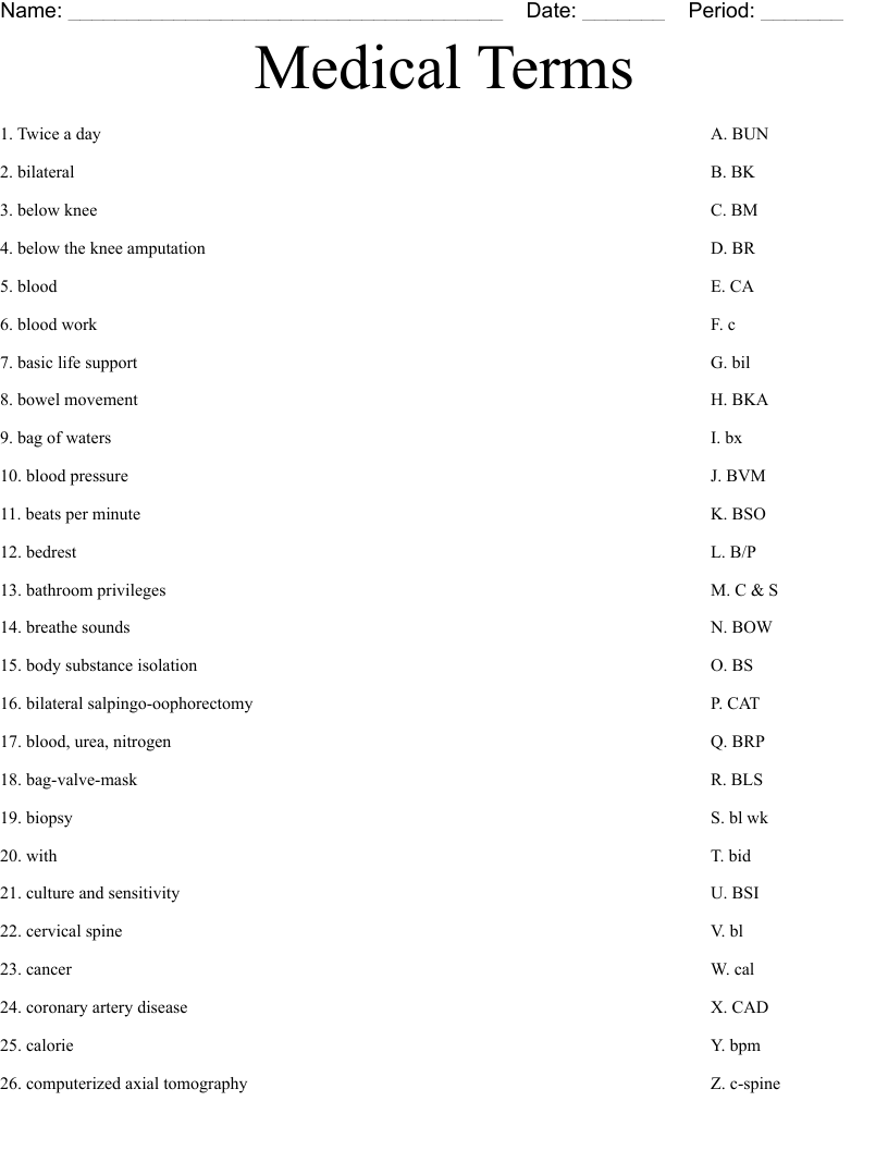 Medical Terms Worksheet