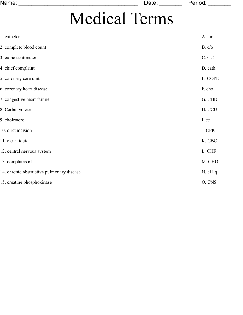 Medical Terms Worksheet