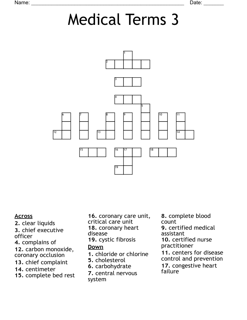 Medical Terms 3 Crossword