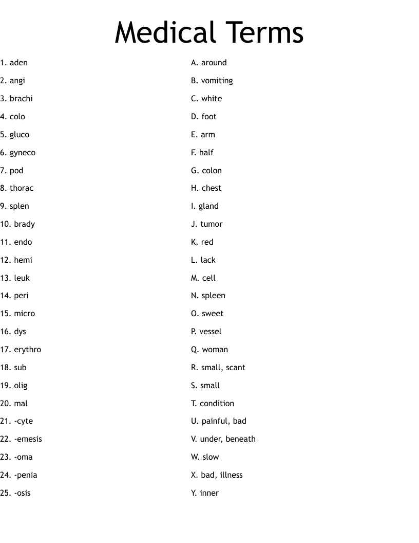 Medical Terms Worksheet