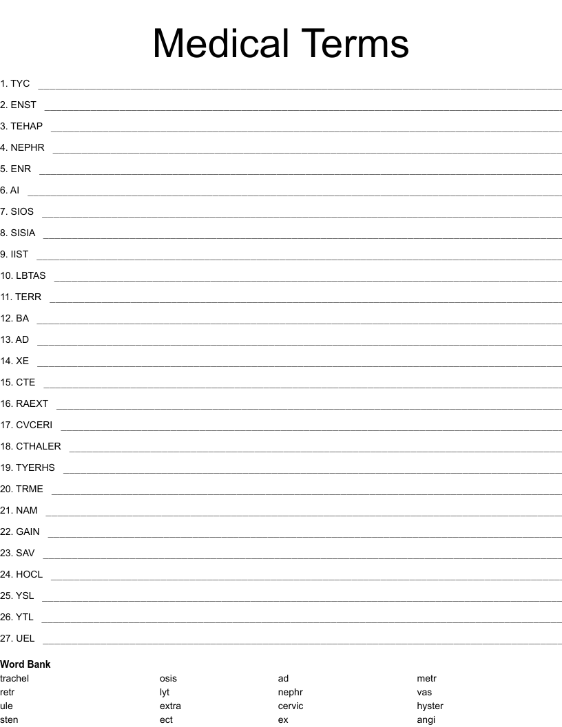 Medical Terms Word Scramble