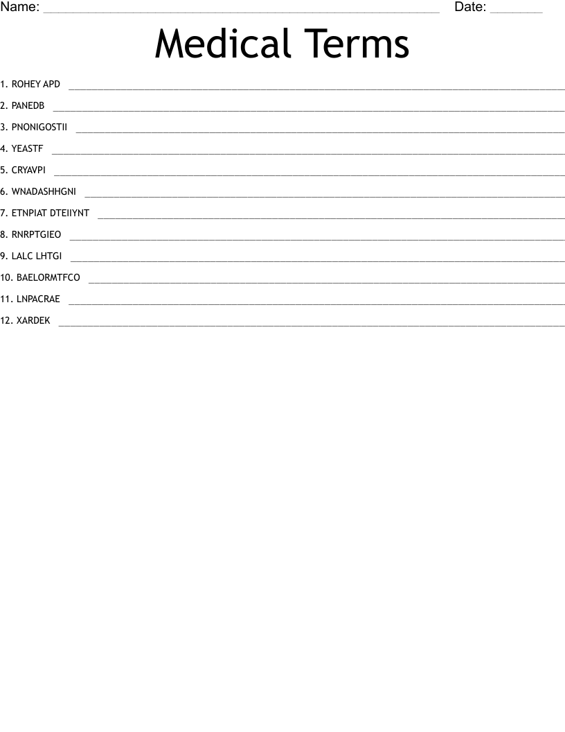 Medical Terms Word Scramble