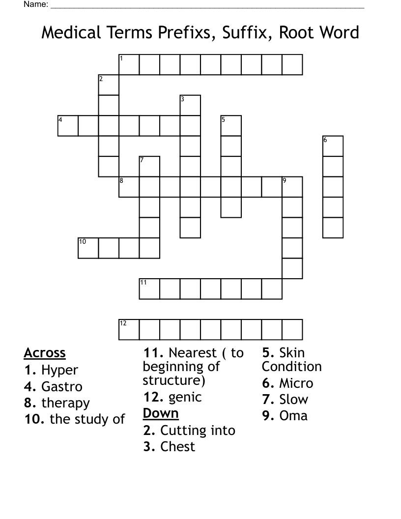 Medical Terms Prefixs, Suffix, Root Word Crossword