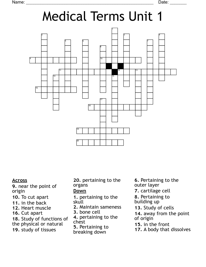Medical Terms Unit 1 Crossword