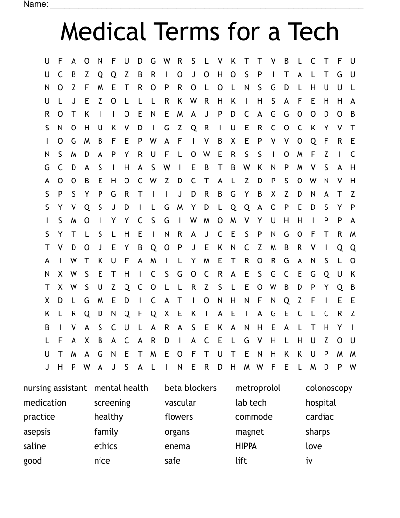 Medical Terms for a Tech Word Search