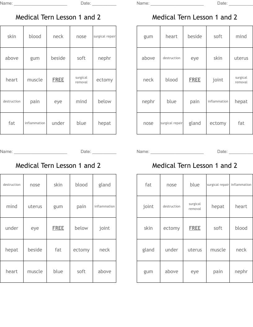 Medical Tern Lesson 1 and 2 Bingo Cards