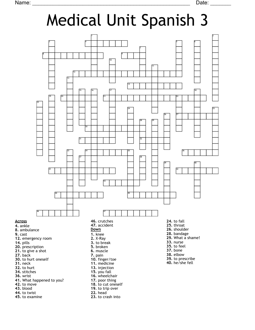 Medical Unit Spanish 3 Crossword