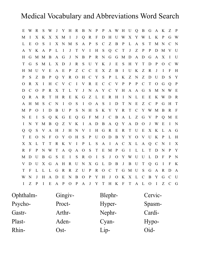 Medical Vocabulary and Abbreviations Word Search
