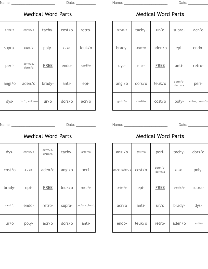 Medical Word Parts Bingo Cards