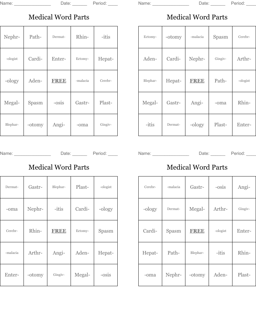 Medical Word Parts  Bingo Cards