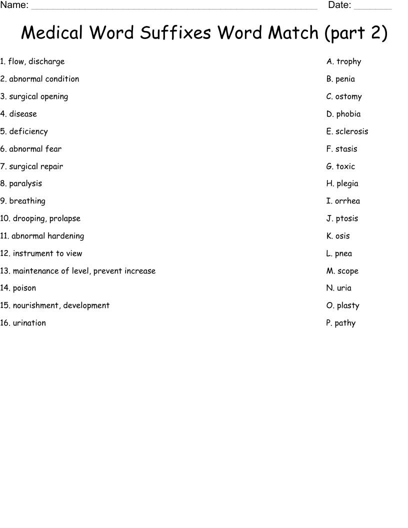Medical Word Suffixes Word Match (part 2) Worksheet