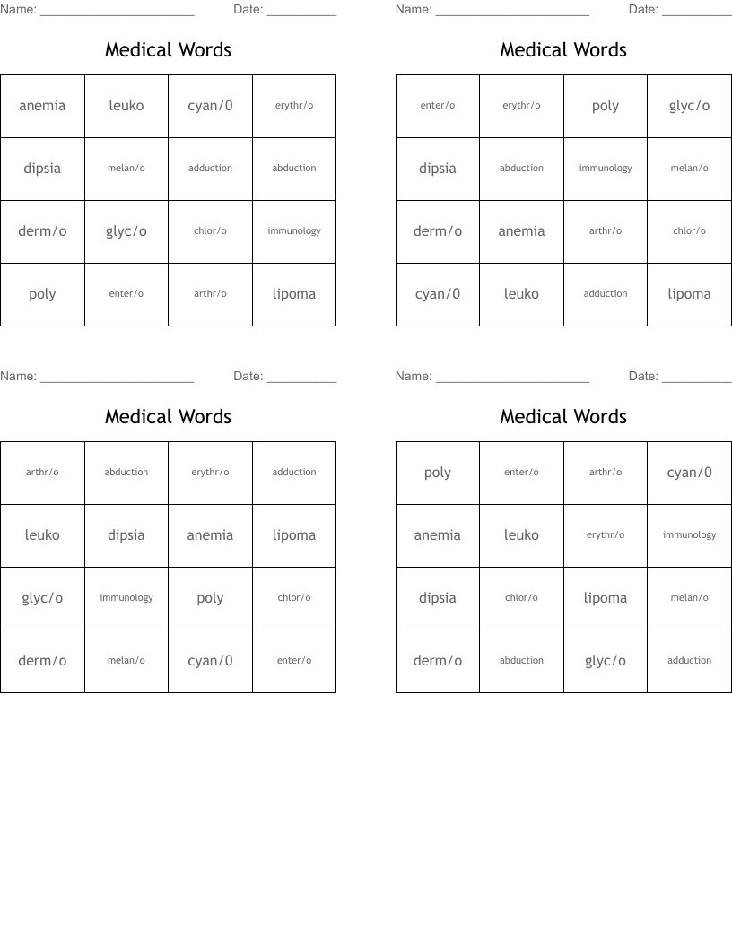 Medical Words Bingo Cards