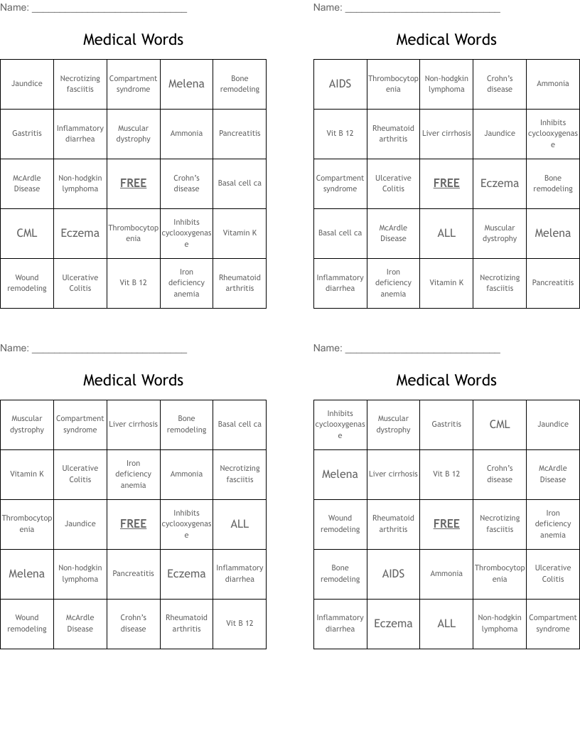 Medical Words Bingo Cards