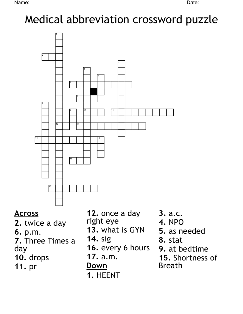 Medical abbreviation crossword puzzle