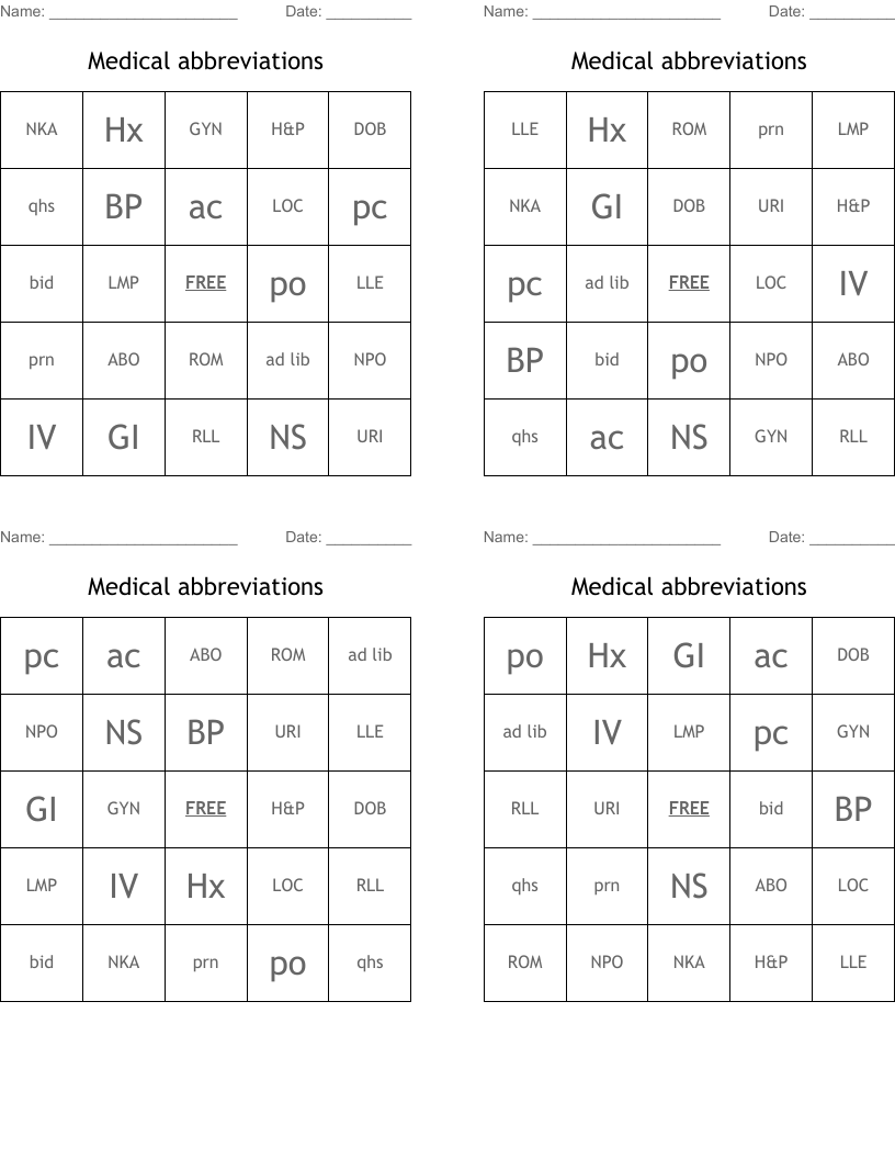 Medical abbreviations Bingo Cards