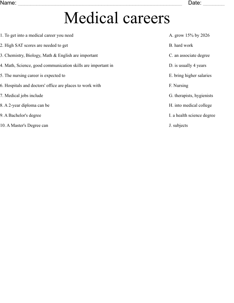 Medical careers Worksheet