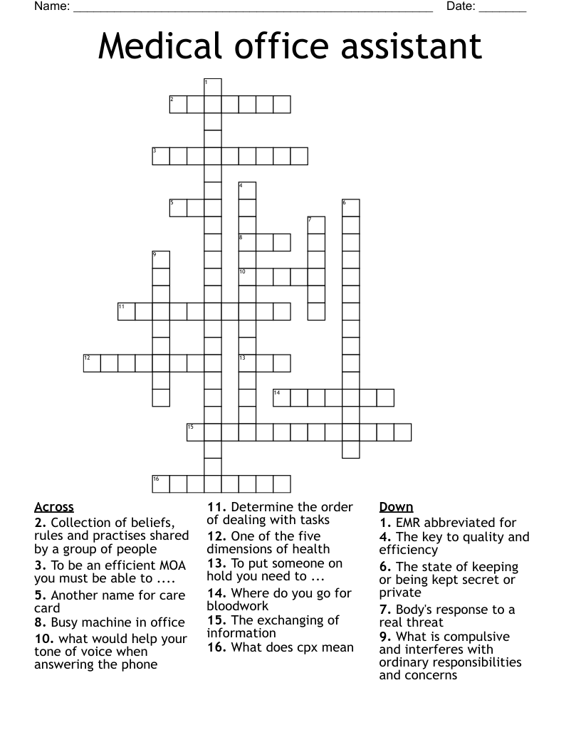 Medical office assistant  Crossword