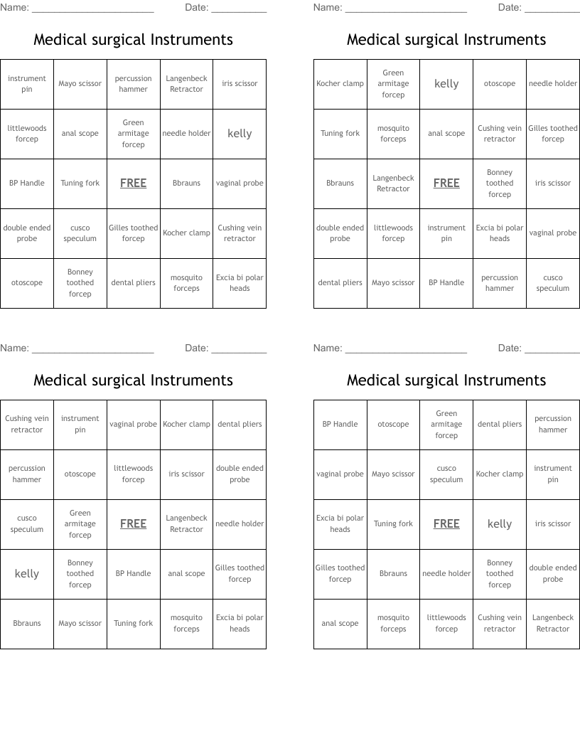 Medical surgical Instruments Bingo Cards