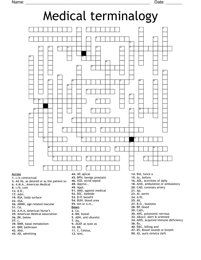Medical terminalogy Crossword
