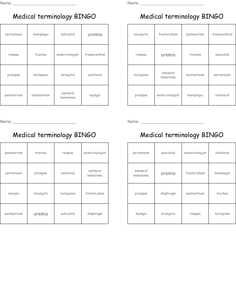 Medical terminology BINGO