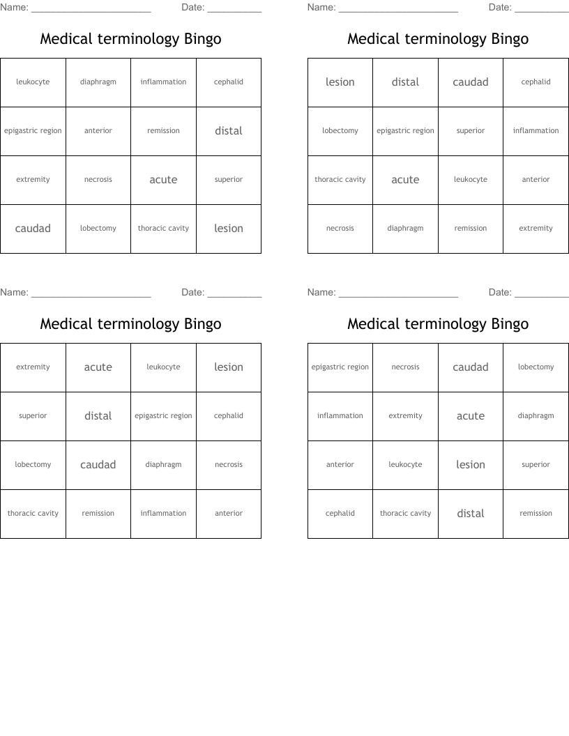 Medical terminology Bingo