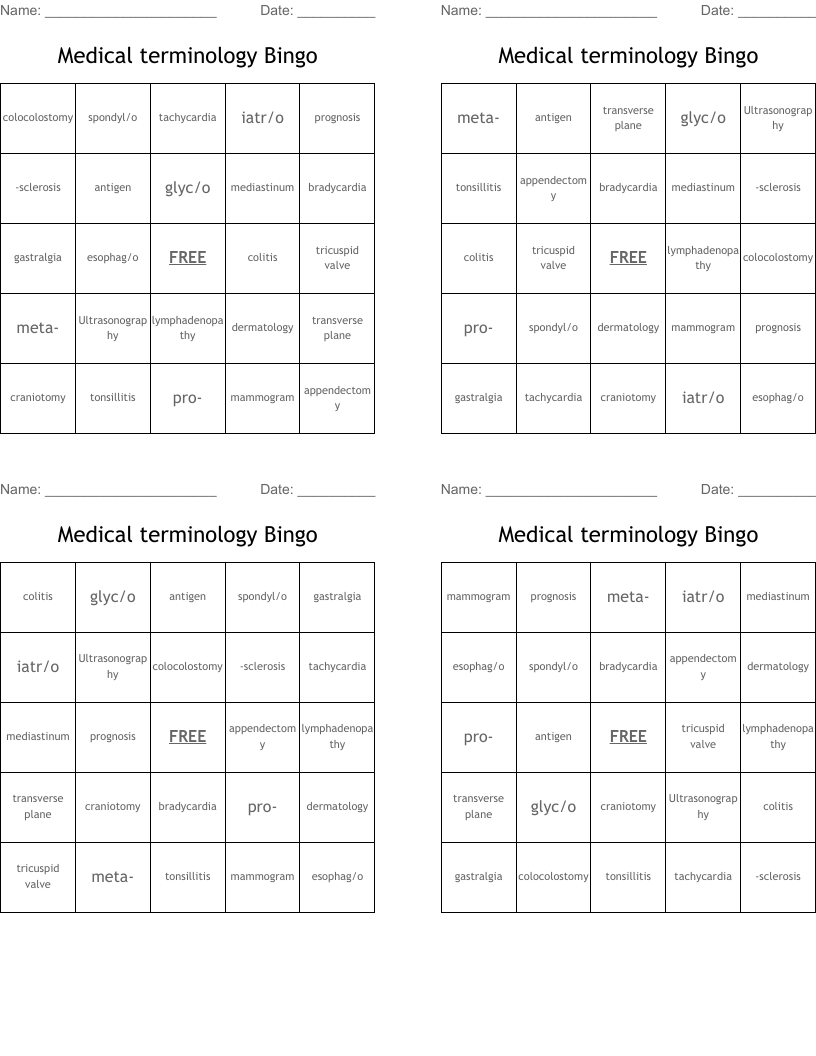 Medical terminology Bingo