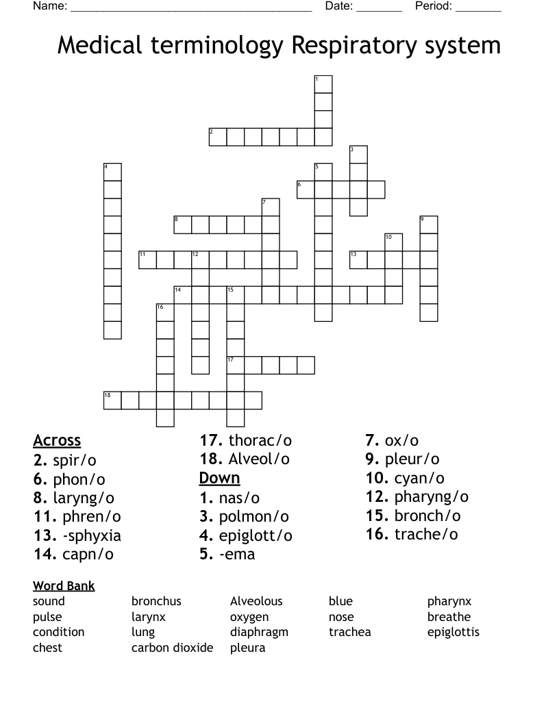 Medical terminology Respiratory system Crossword