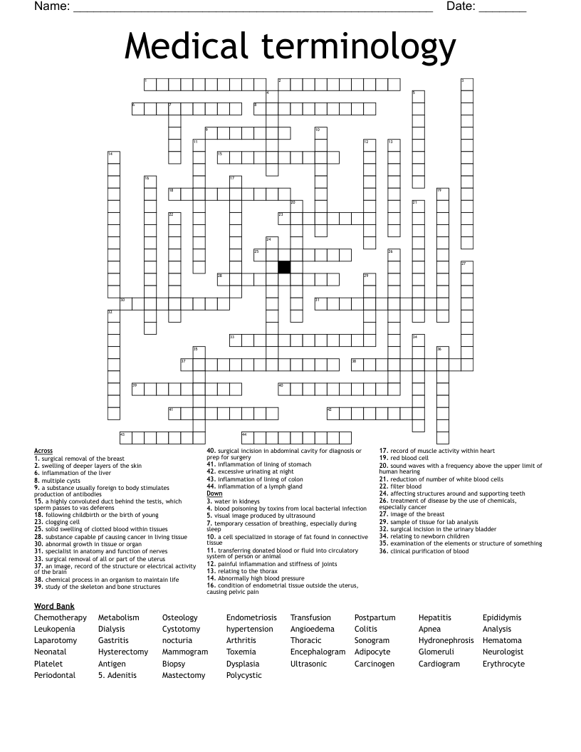 Medical terminology  Crossword