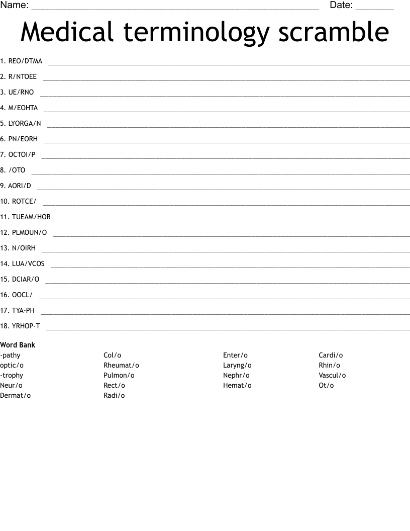 Medical terminology scramble