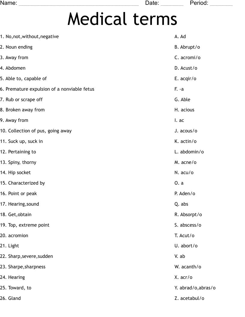 Medical terms Worksheet