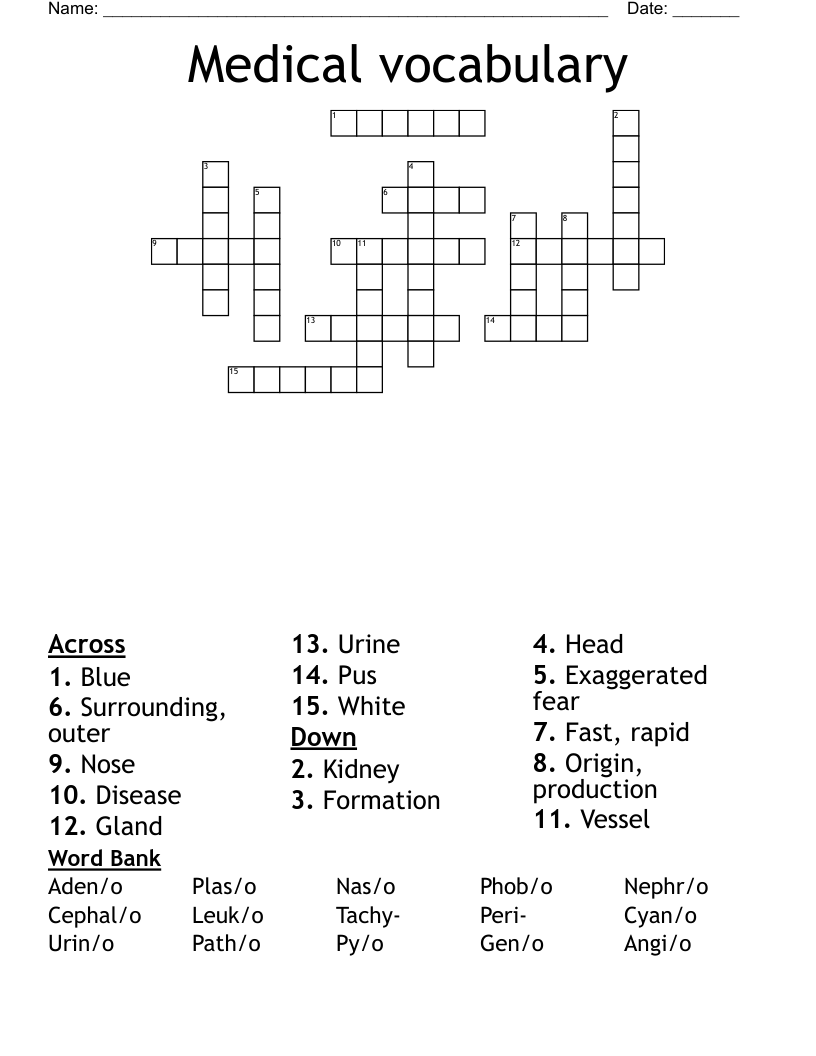 Medical vocabulary  Crossword