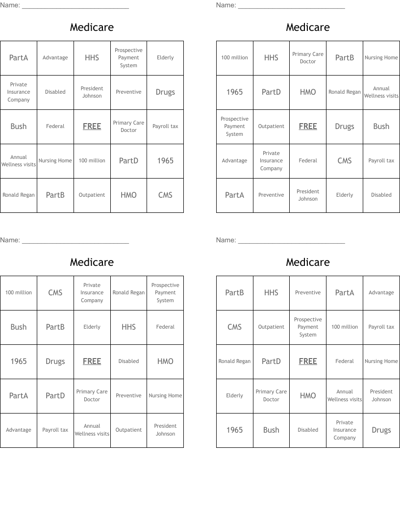 Medicare Bingo Cards