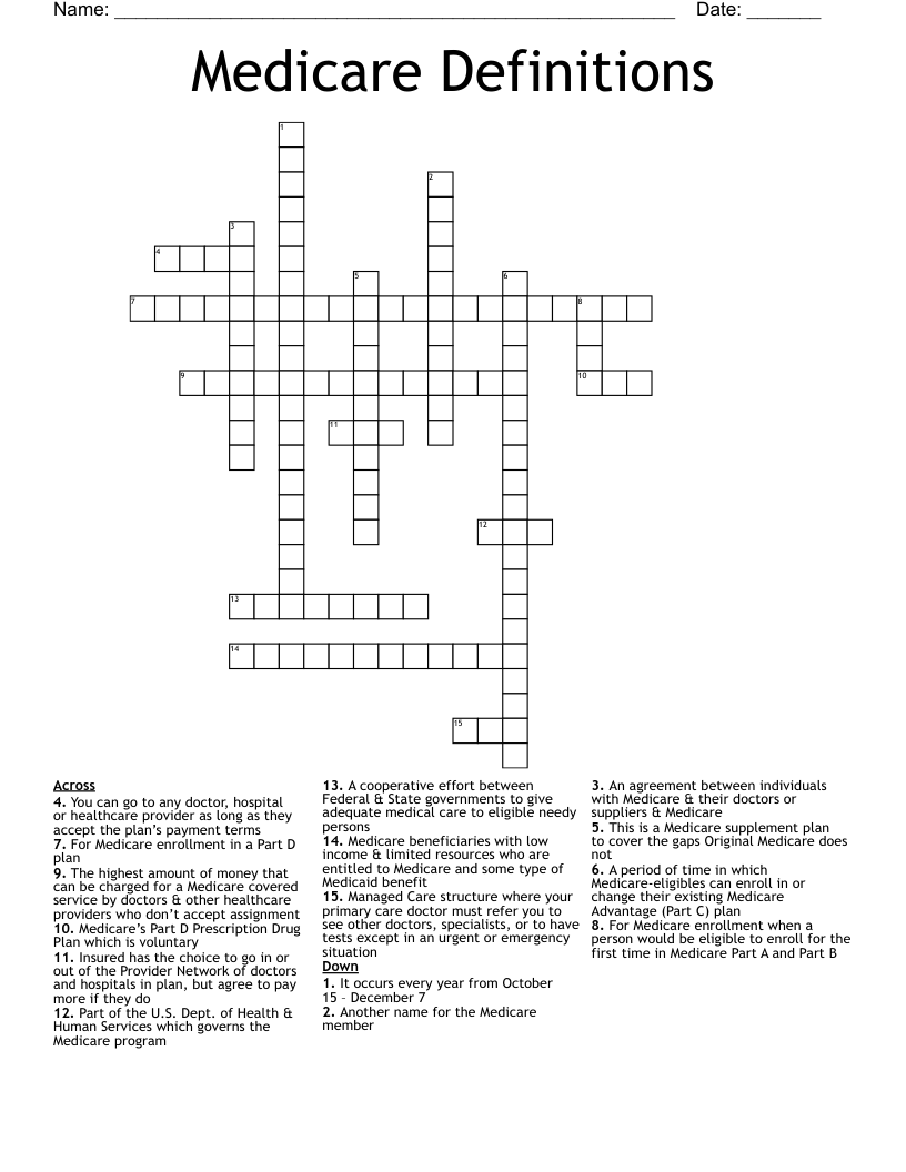 Medicare Definitions Crossword