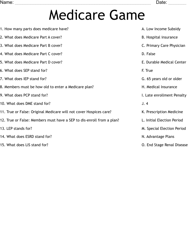 Medicare Game Worksheet