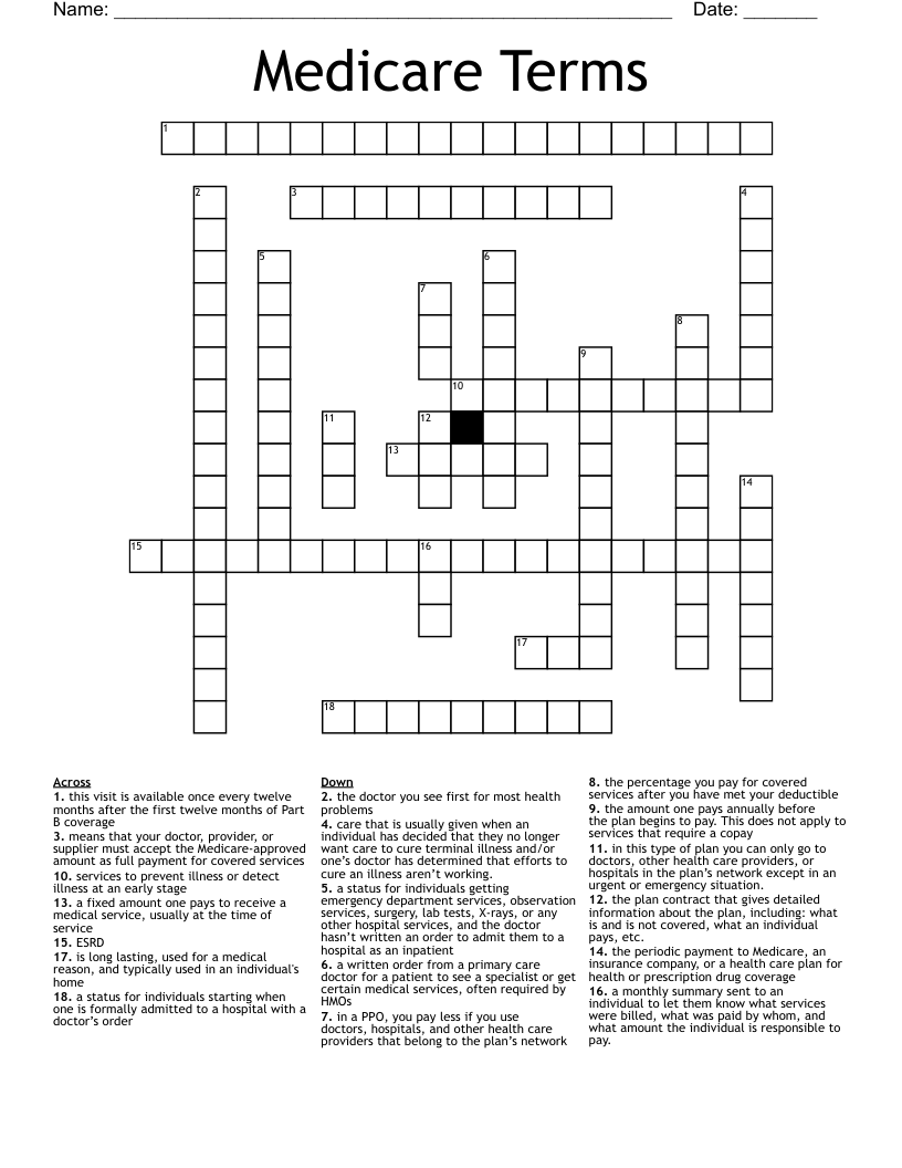 Medicare Terms Crossword