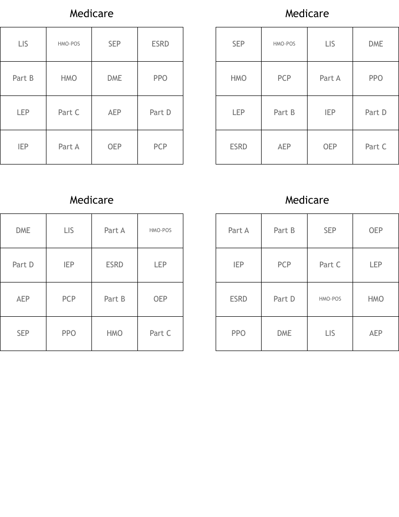 Medicare  Bingo Cards