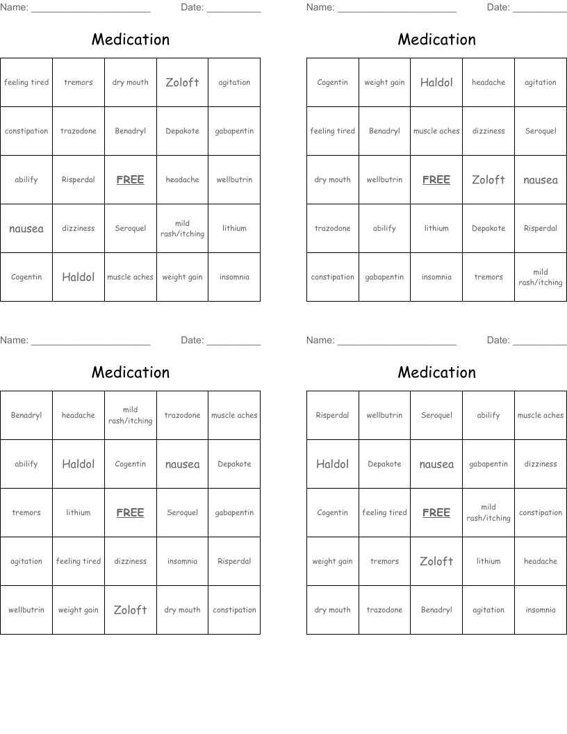 Medication Bingo Cards