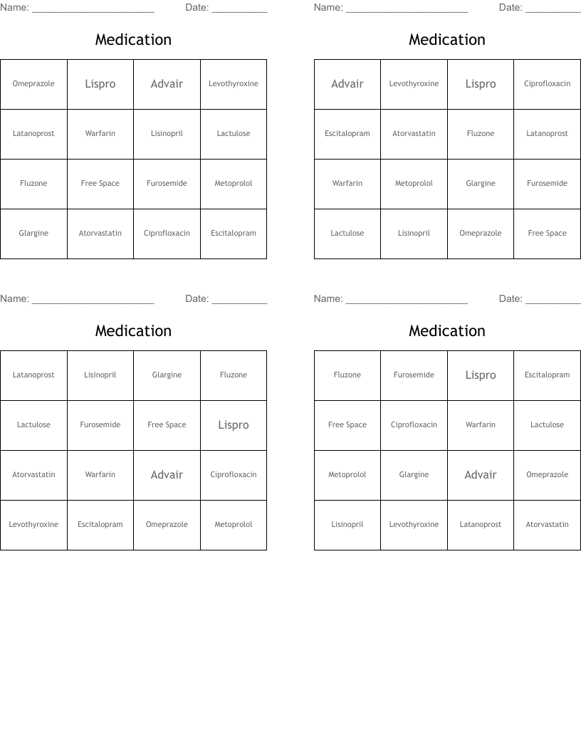 Medication Bingo Cards