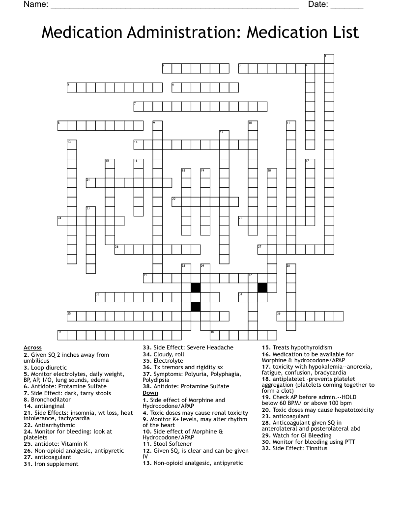Medication Administration: Medication List Crossword