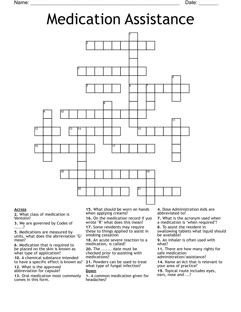 Medication Assistance Crossword
