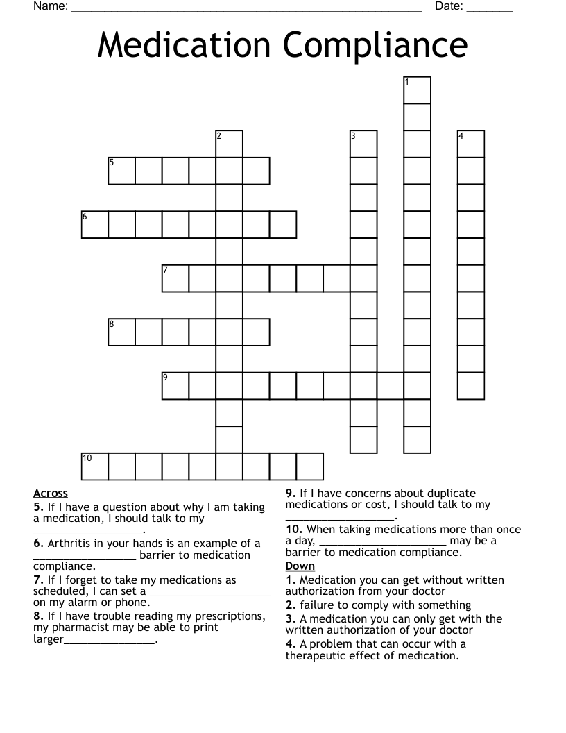 Medication Compliance Crossword